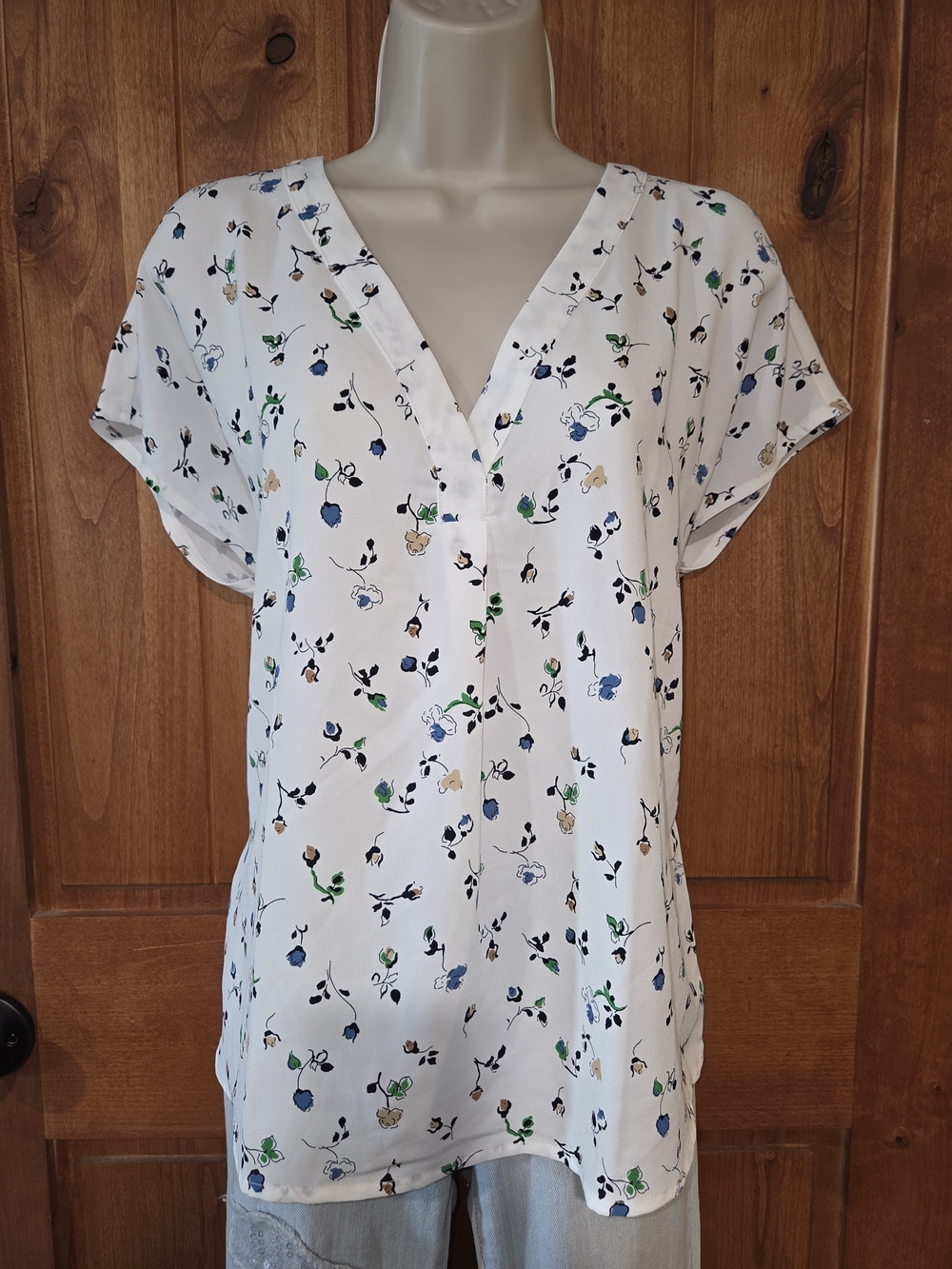 Ann Taylor White Floral V-Neck Blouse with Blue and Green Accents